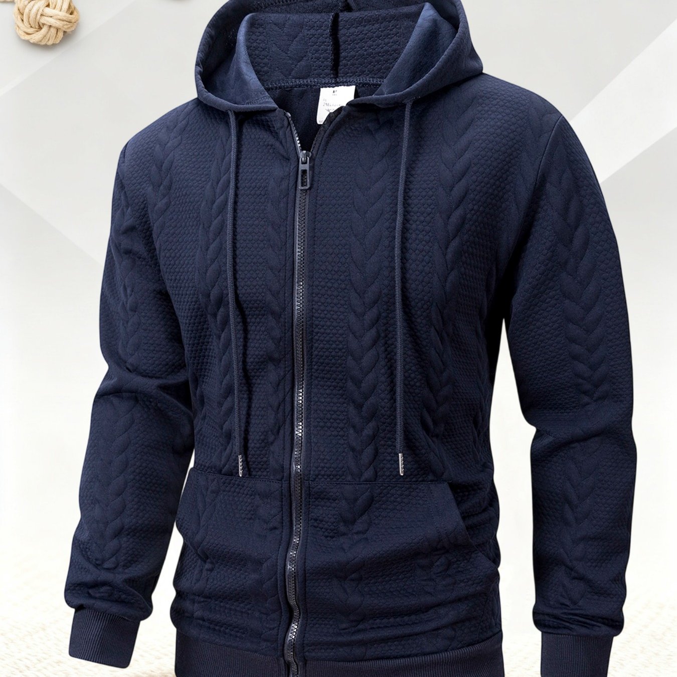 TEMU Autumn Winter Men's Knit Texture Hooded Jacket, 3d Braided Texture Solid Color Casual Coat, Retro Literary Cardigan, Full Zip Closure, Double
