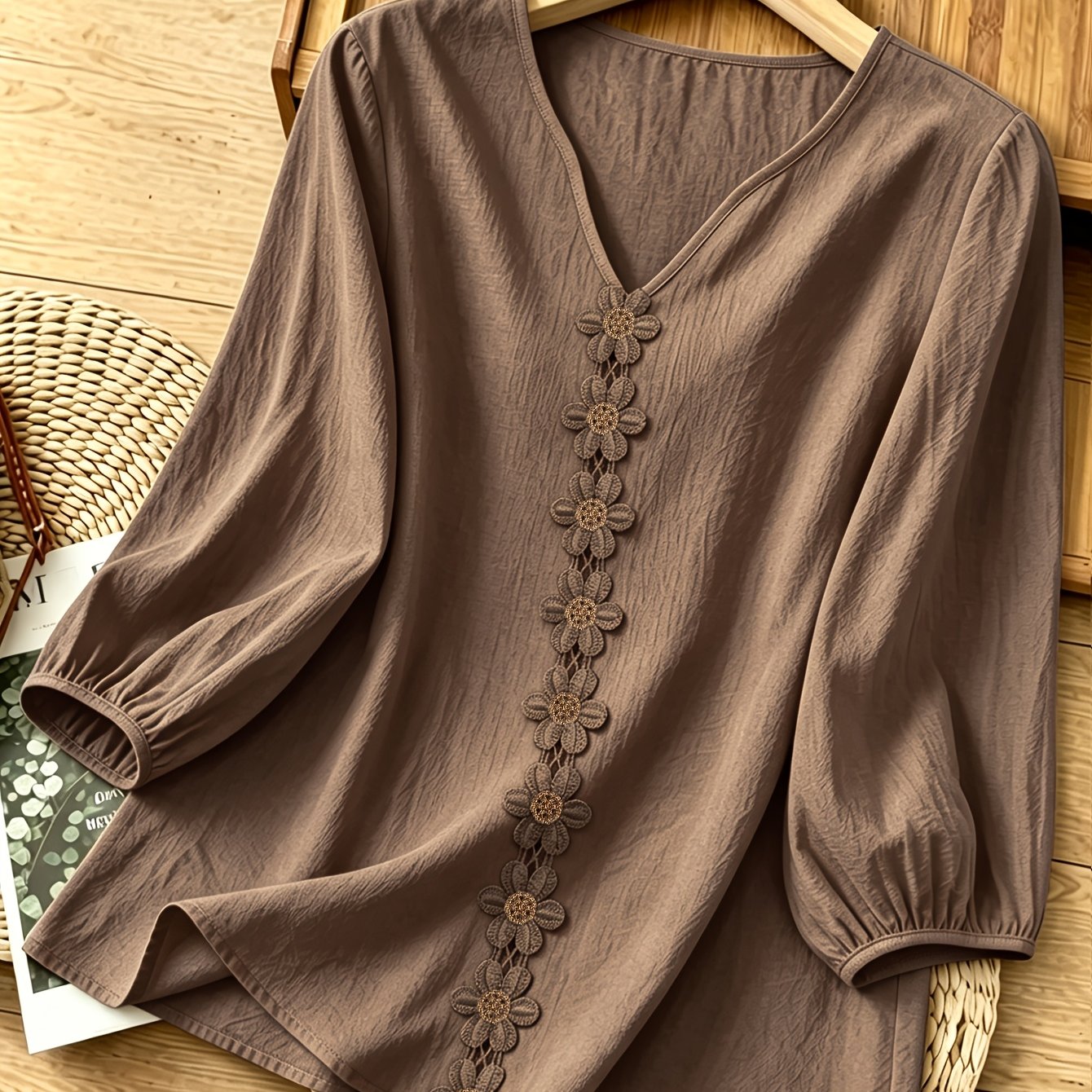 TEMU Gentle Textured Shirt With V-neck, Lace , Lantern Sleeves, Loose Fit, Relaxed Style, Versatile
