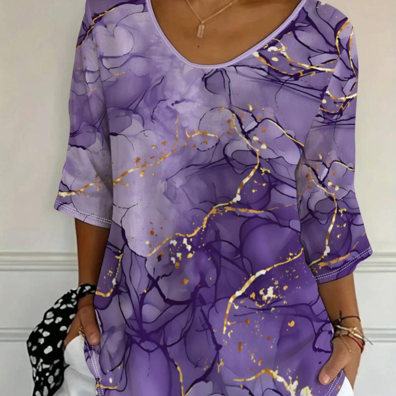 TEMU Plus Size, Plus-size Women's Top, Mixed Color, Purple Lavender Marble Pattern, Fit, Three-quarter Sleeves, Versatile -shirt, 2026 Summer New
