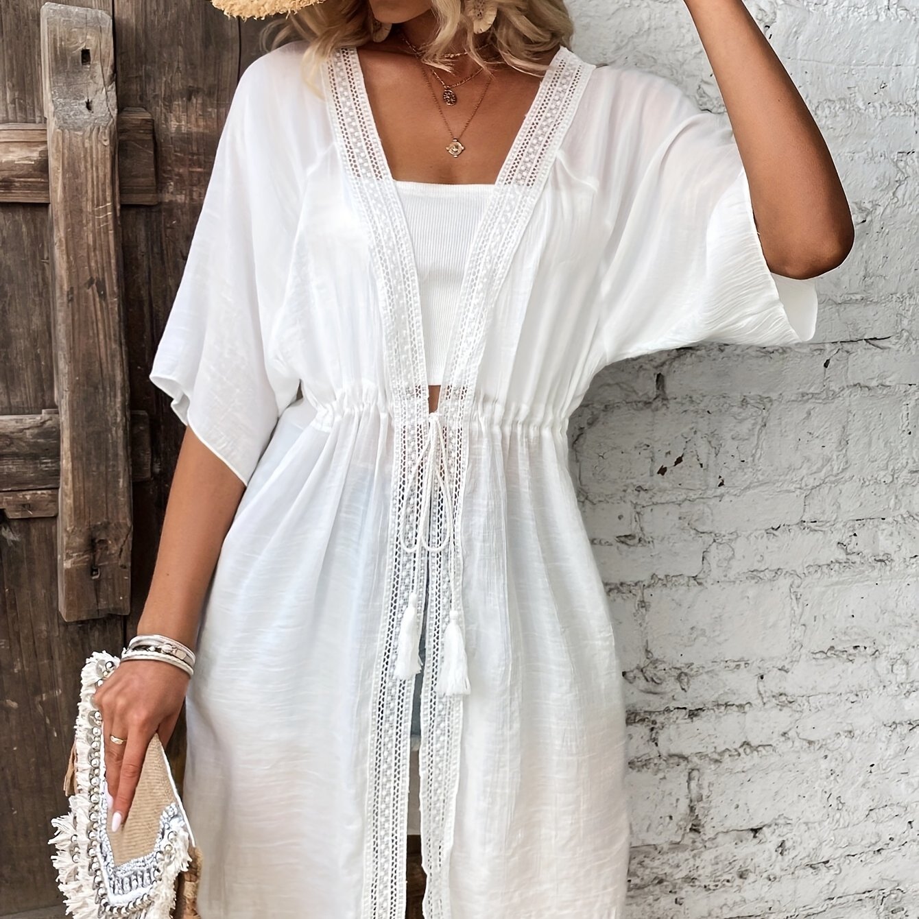 Kimono With Contrast Lace Waist And Raglan Sleeve Drawstring