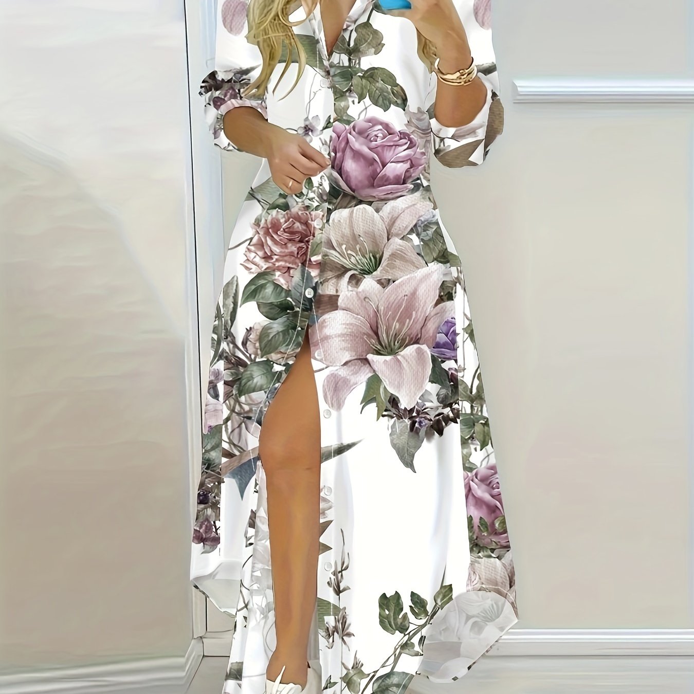 E-shop Langarmkleid im Urlaubsstil mit lila rosa Rosen-Print-Design