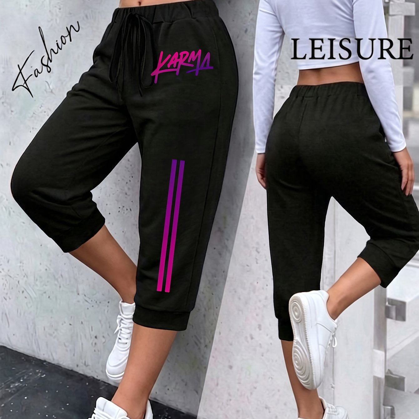 TEMU Plus Size, New Women's Plus Size Wide-leg Harem Pants, Loose Fit Casual Elastic Waist Midi Pants, Printed Pants For Home, Vacation, Fashionable