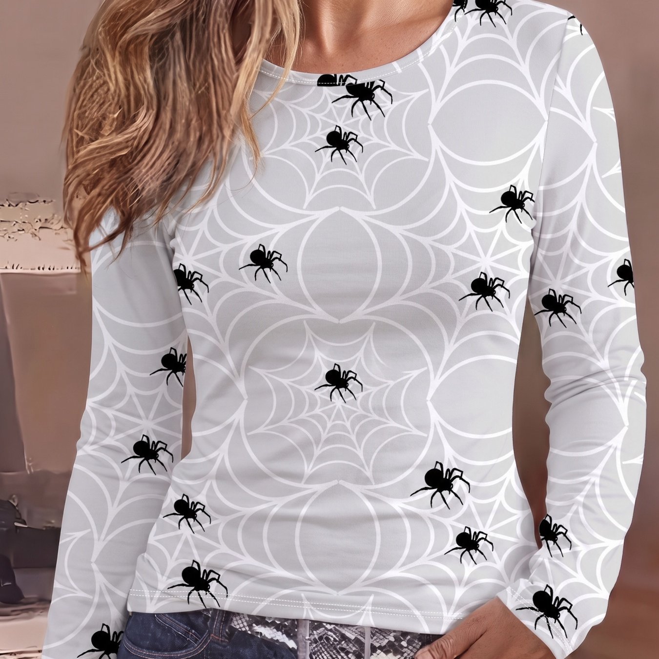 TEMU Halloween Women's Round Neck Long Sleeve T-shirt With Spider Web And Black Spider Print Pattern, Soft And Comfortable Fabric, Print Design,