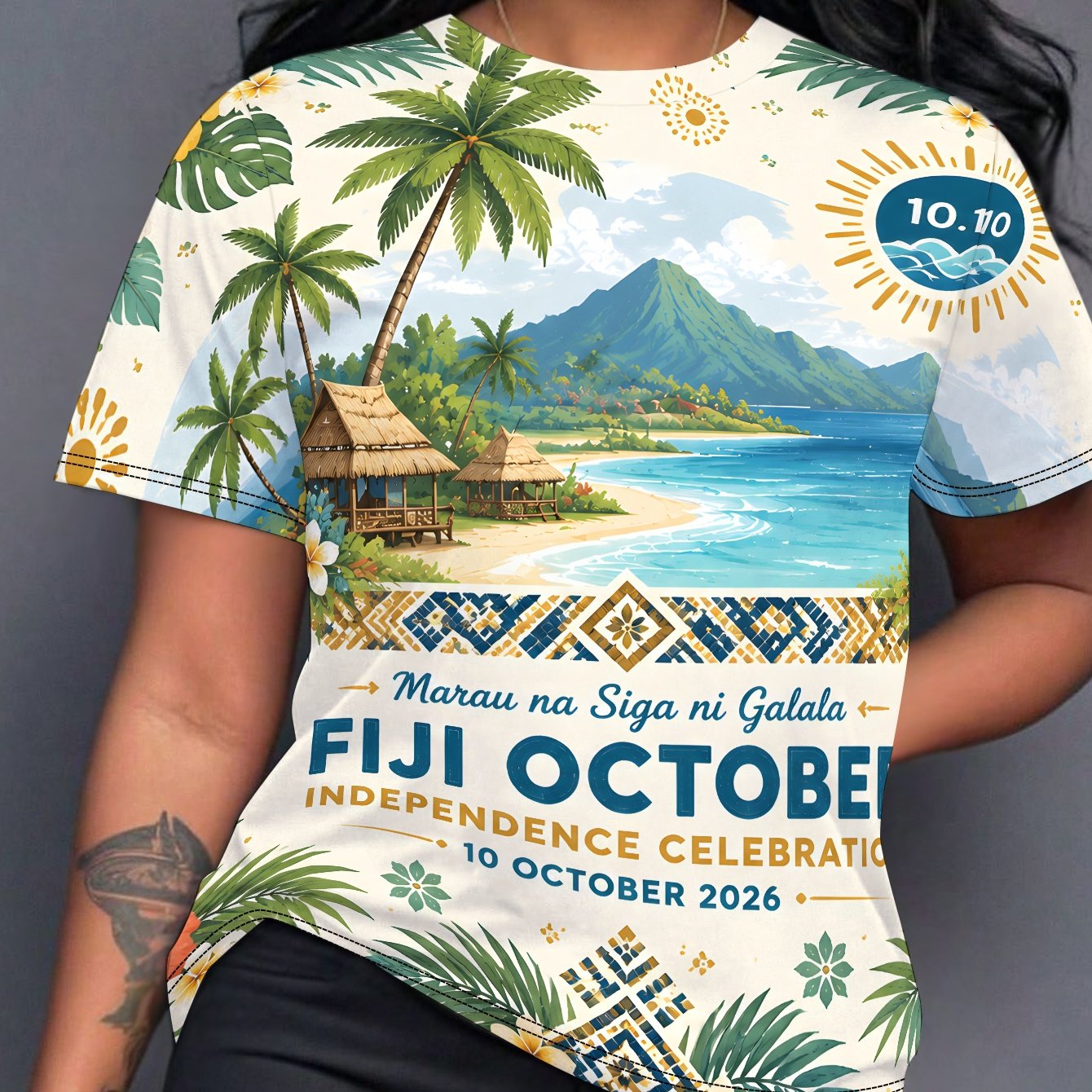 TEMU Fijian October Celebration Pattern Women's Casual Short Sleeve T-shirt Printed Design - No Texture//sequins