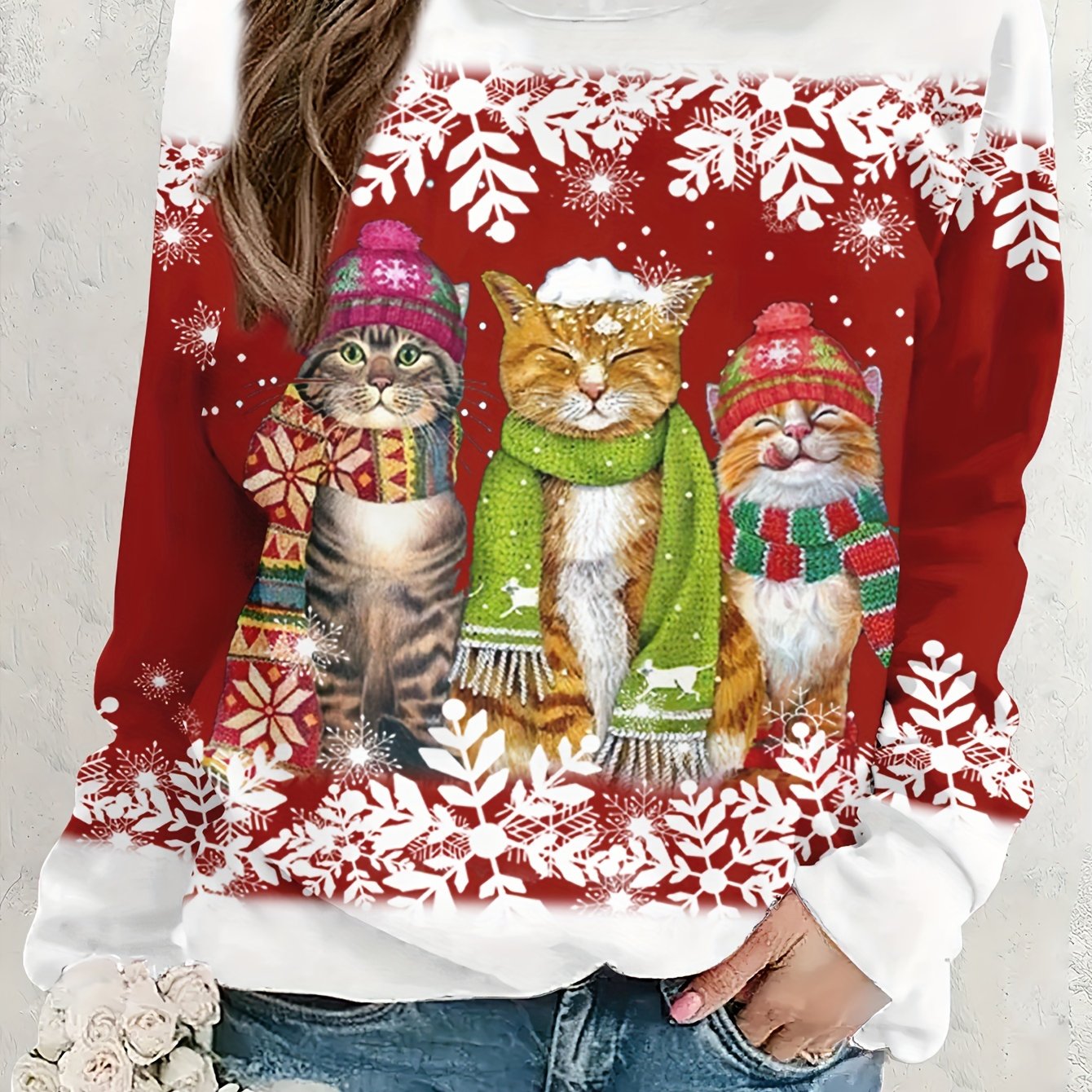 TEMU Plus Size - Plus Size - Dames Plus Size Kerst Sweatshirt, 3 Katten Mode Sneeuwvlok Rood Ronde Hals Trui, Feestelijke Unieke Warme Comfortabele