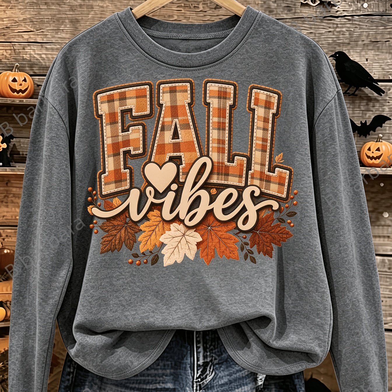 TEMU Halloween Costume, European And Style, Autumn Leaf Pattern Printed Women's Round Neck Long Sleeve T-shirt, , Autumn, And Winter Women's Casual
