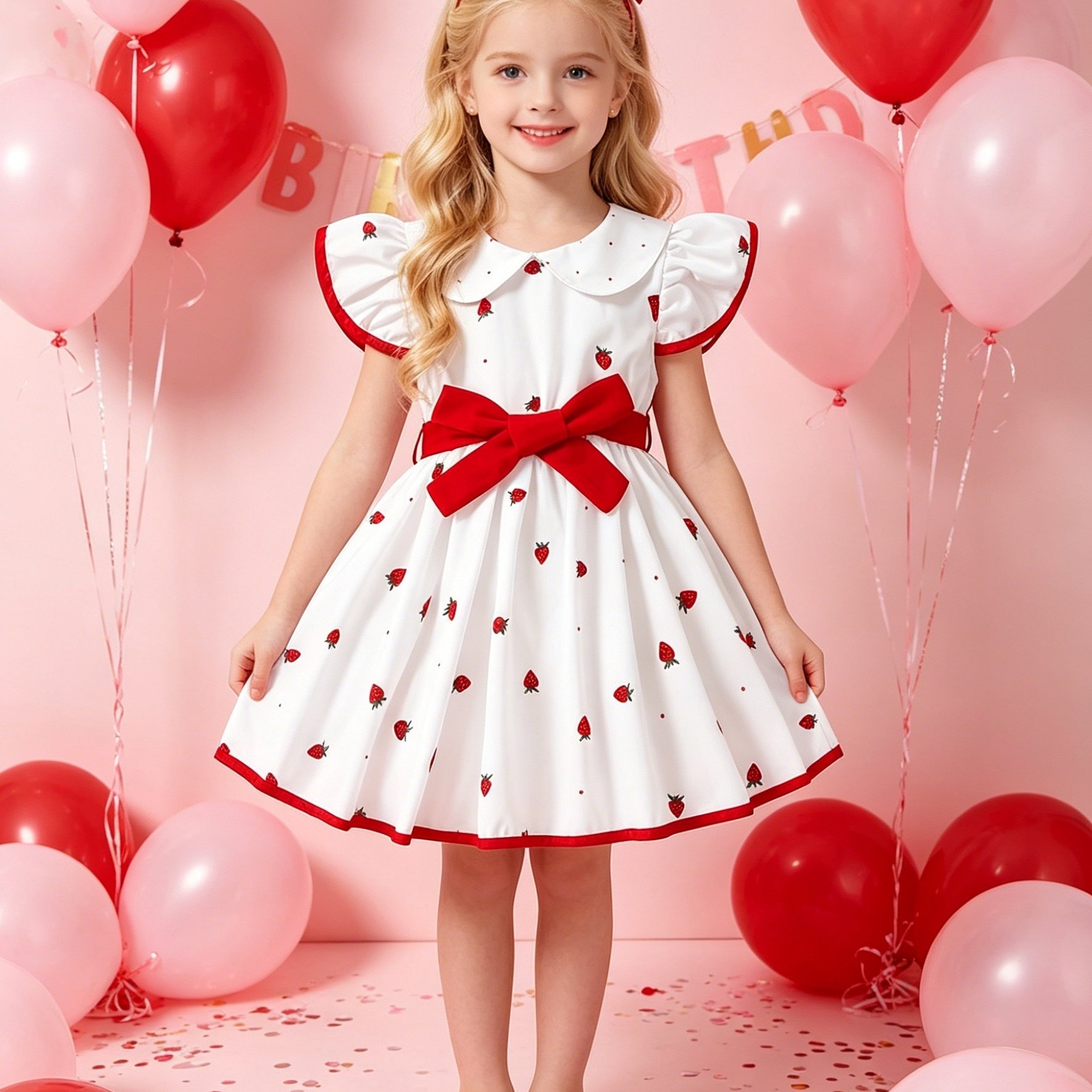 Girls' Strawberry Sleeveless Doll Collar Hem Dress