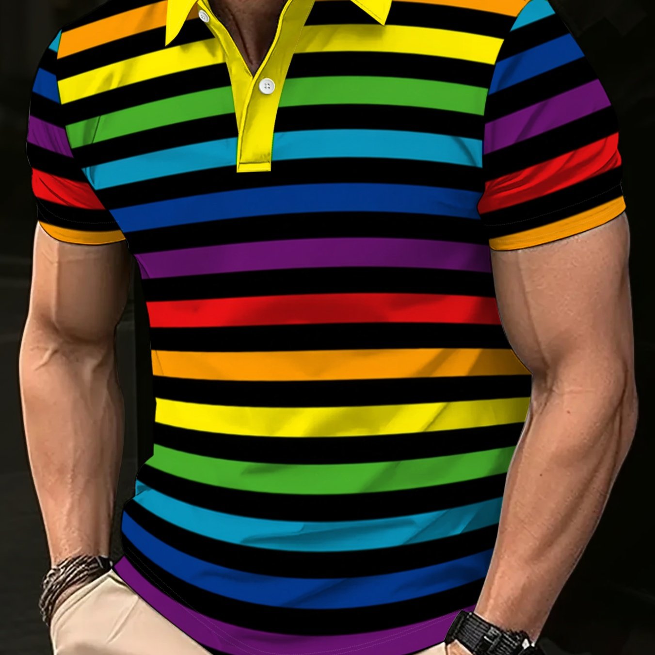 TEMU Men's Shirt, Colorful Striped Breathable Fabric, Style, Durable Stitched Short-sleeve Top, Shirt