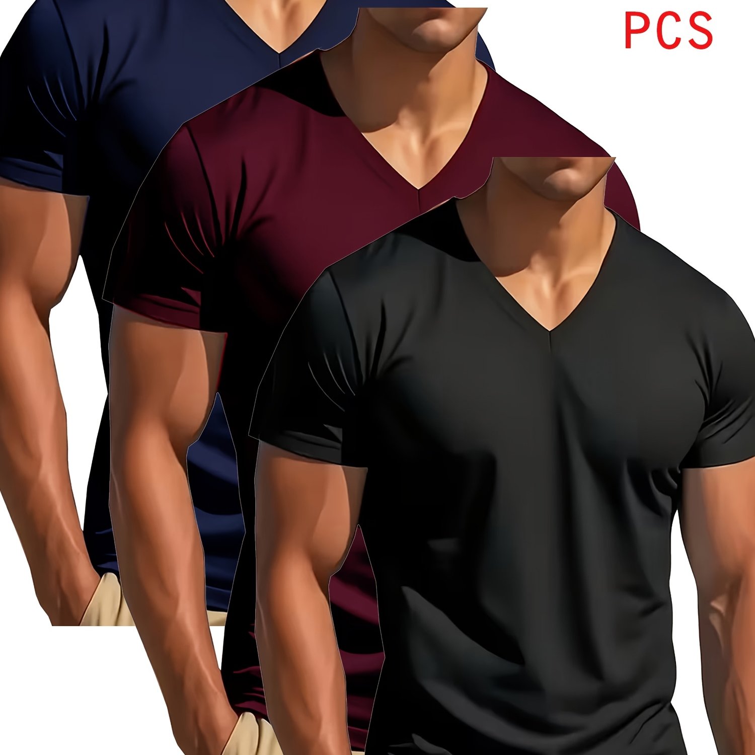 TEMU V-neck T-shirt 3pcs Mixed Pc, Comfortable Than You , Slightly Elastic, Slim Fit, Versatile Design, Men's Short-sleeved T-shirt, Sweatshirt,