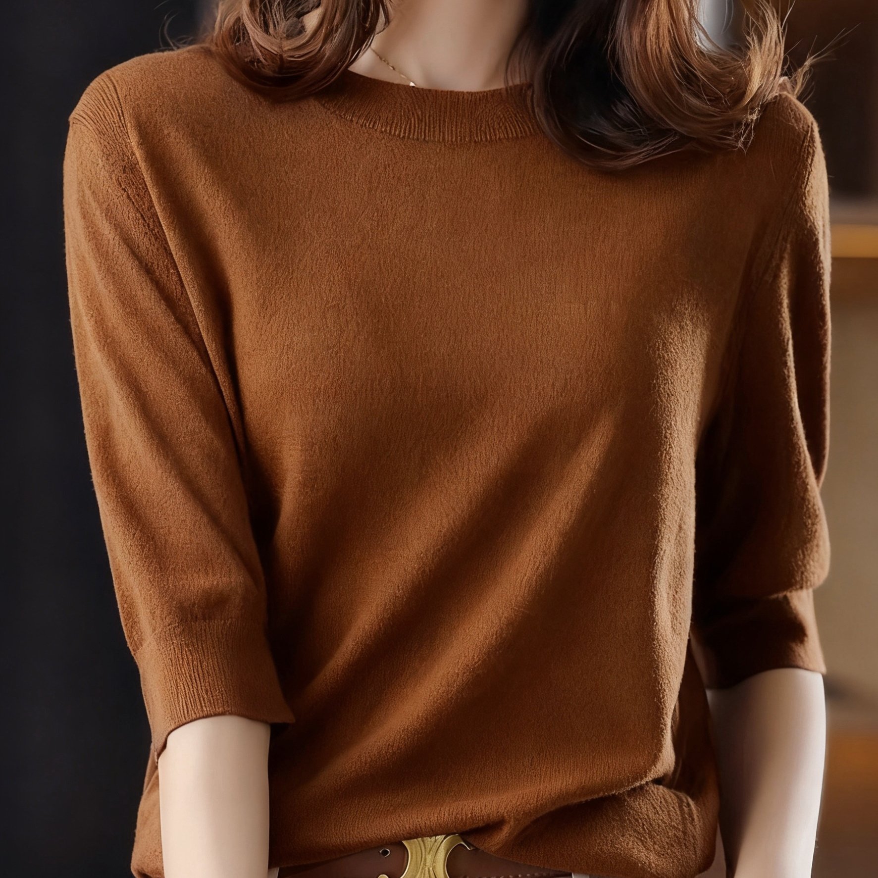 TEMU Dames top met fijn gesponnen ronde hals en halflange mouwen, nieuwe vintage elegante top voor lente/herfst, basislaagshirt met vijfdelige mouw