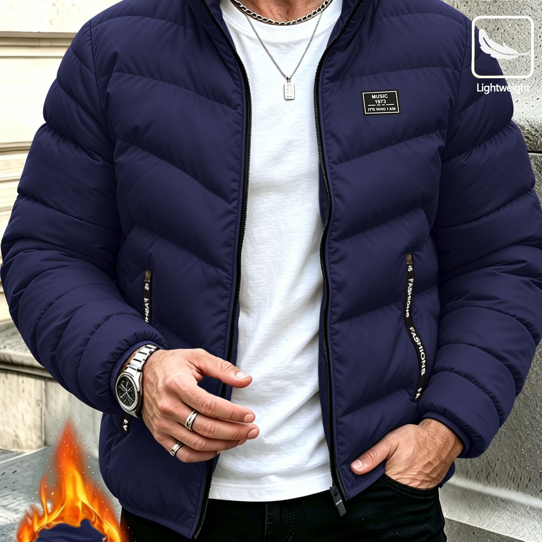 TEMU Men's Autumn Winter Jacket - Zippered Winter Coat With Collar, Comfortable And Warm Casual Outerwear, Layering Essential For Cold Weather -