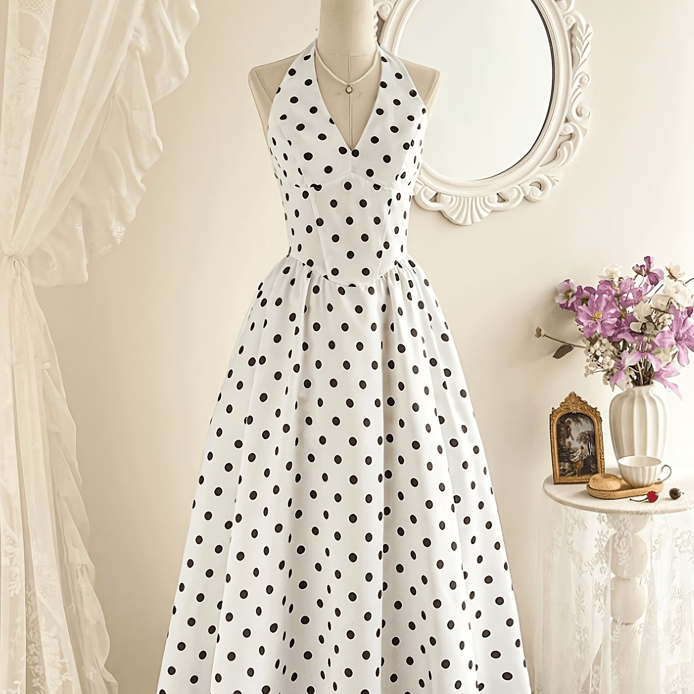 TEMU Vintage Polka Dot Halter Dress, Women's Elegant, Party And Daily Wear