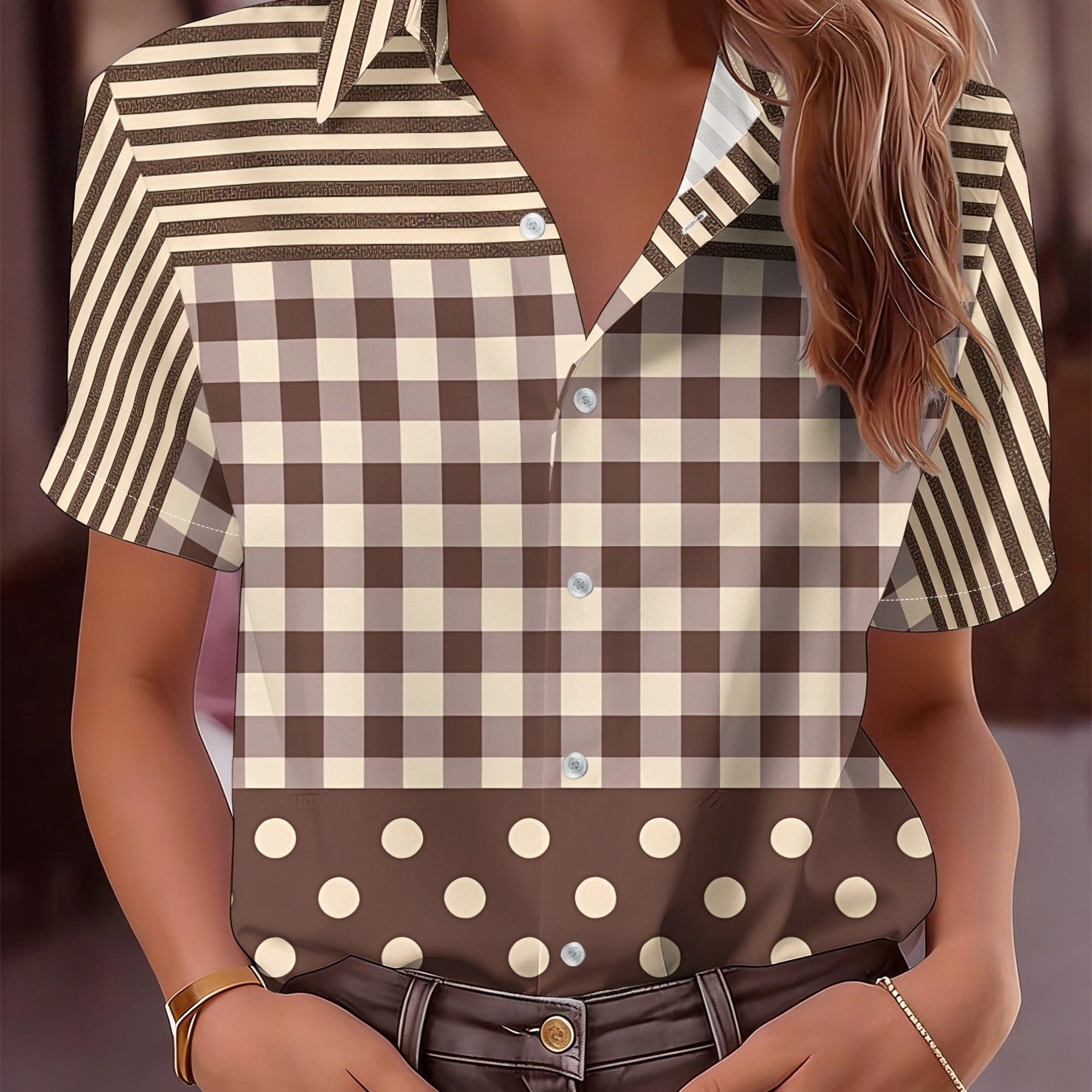 TEMU Chemise à manches courtes et boutonnage pour femme - Haut blouse à rayures/à carreaux/à | Chemise à col lavable en machine pour et l'été, blouse