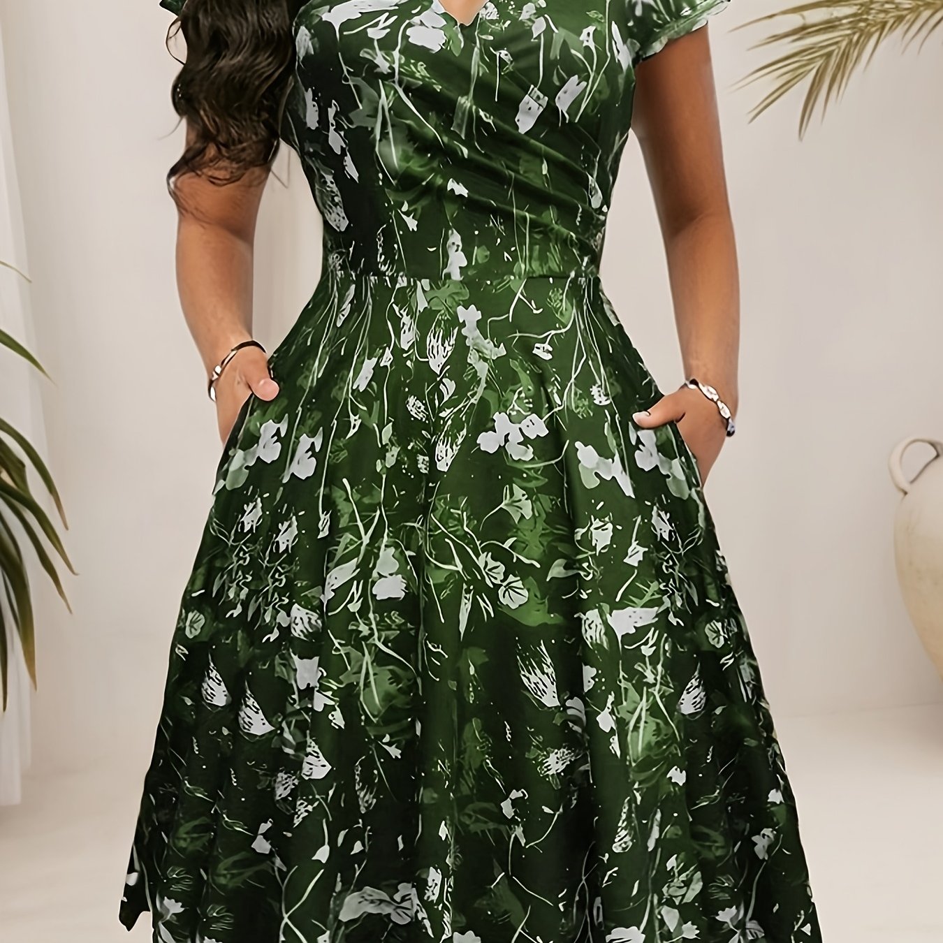 TEMU Spring Summer Fall Elegant Floral Printed V-neck Mid-length Pocket Dress. Suitable For Office Wear, Work, Autumn, Back To, Vacation, Boyfriend