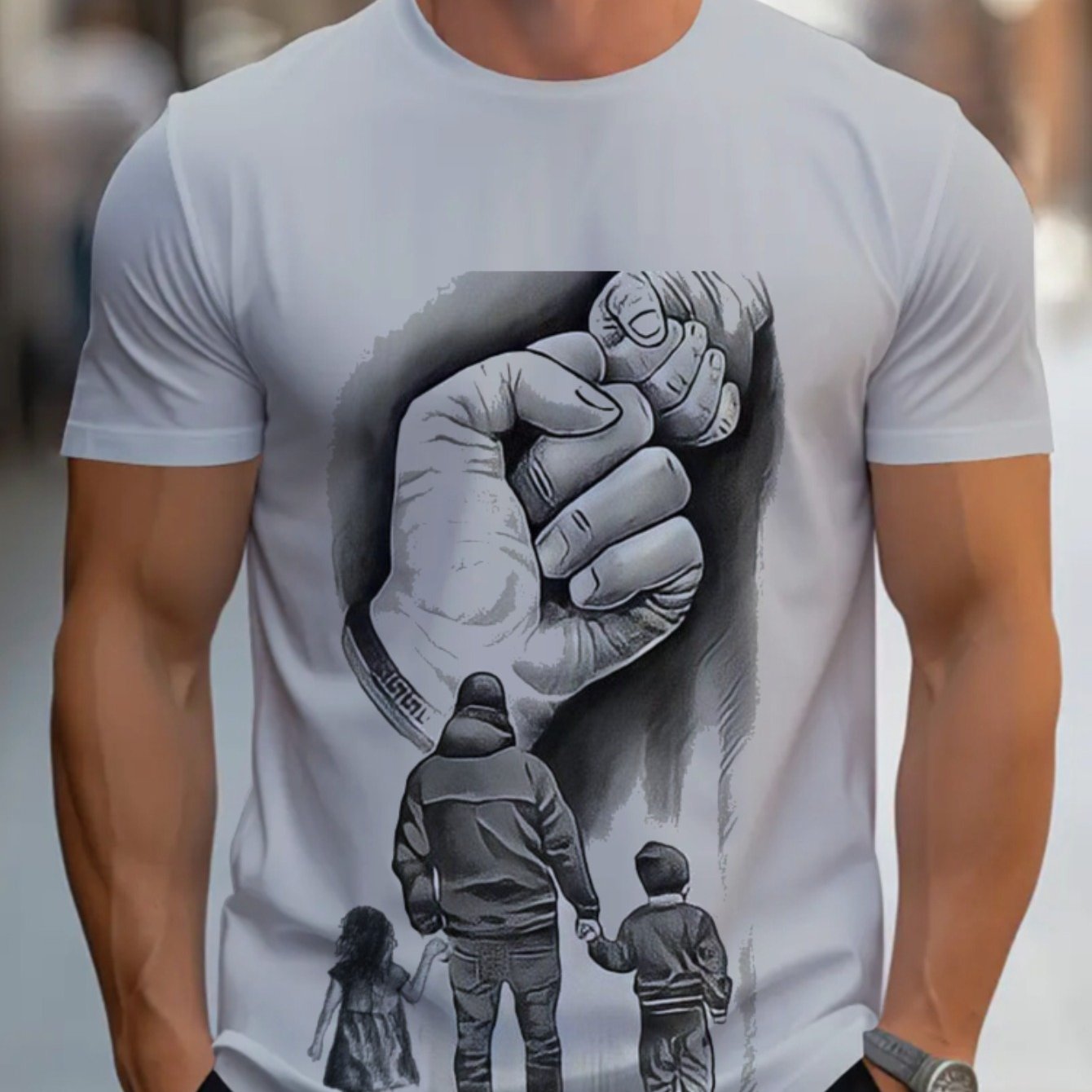 TEMU Men's Summer Casual Breathable T-shirt With Family Graphic Print, Lightweight Fit For Daily Wear, Street Style Fashion Top In White, Perfect For