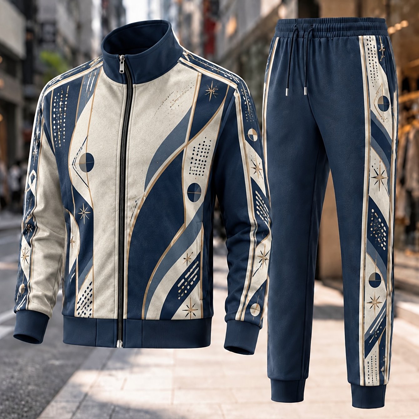 Image of New Styles For Autumn And Winter Men's Sporty Casual Suit Geometric Print Zipper Stand Collar Jacket And Drawstring Jogger Pants 2pcs Set