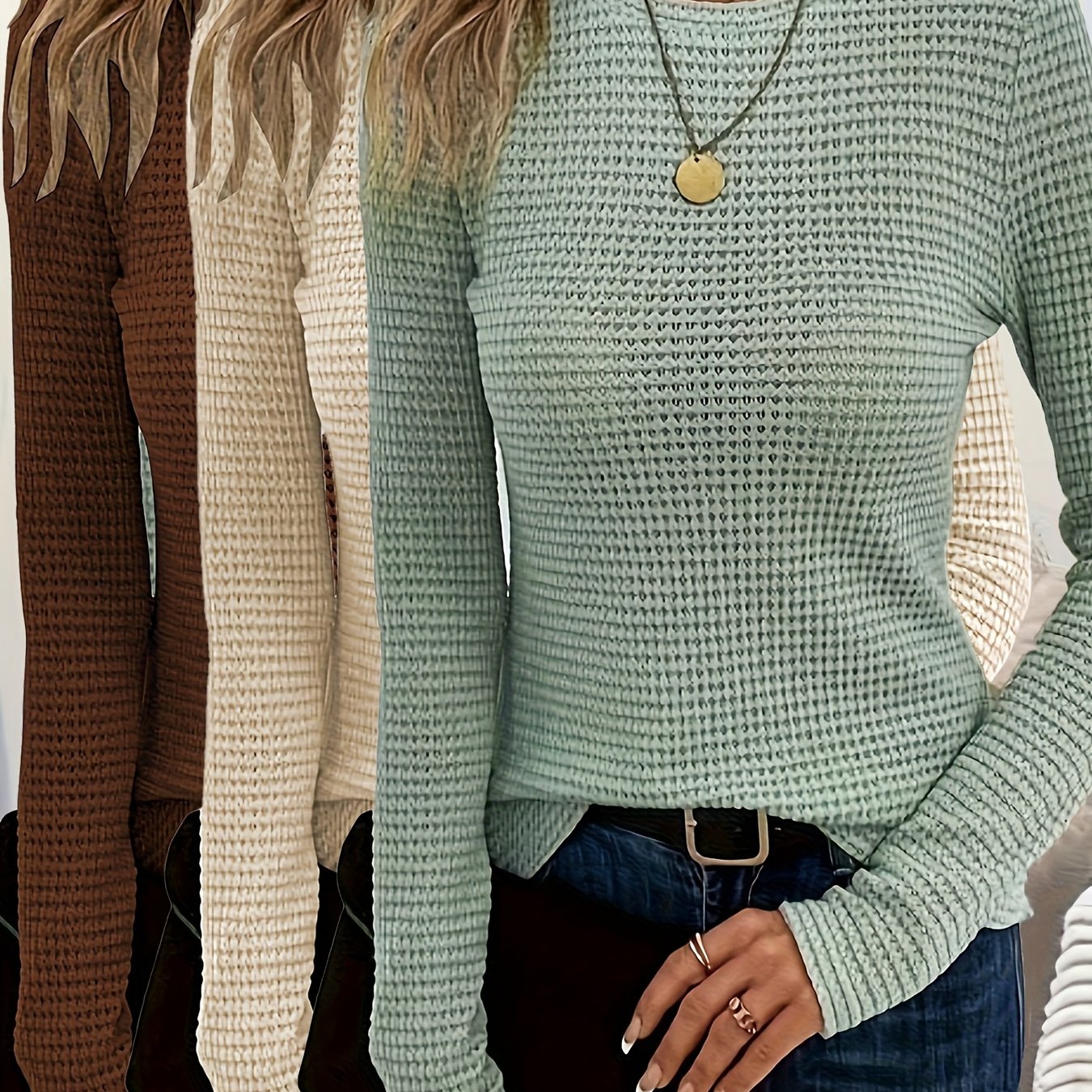 3pcs Women's Waffle Texture Long Sleeve Crew Neck T-shirts