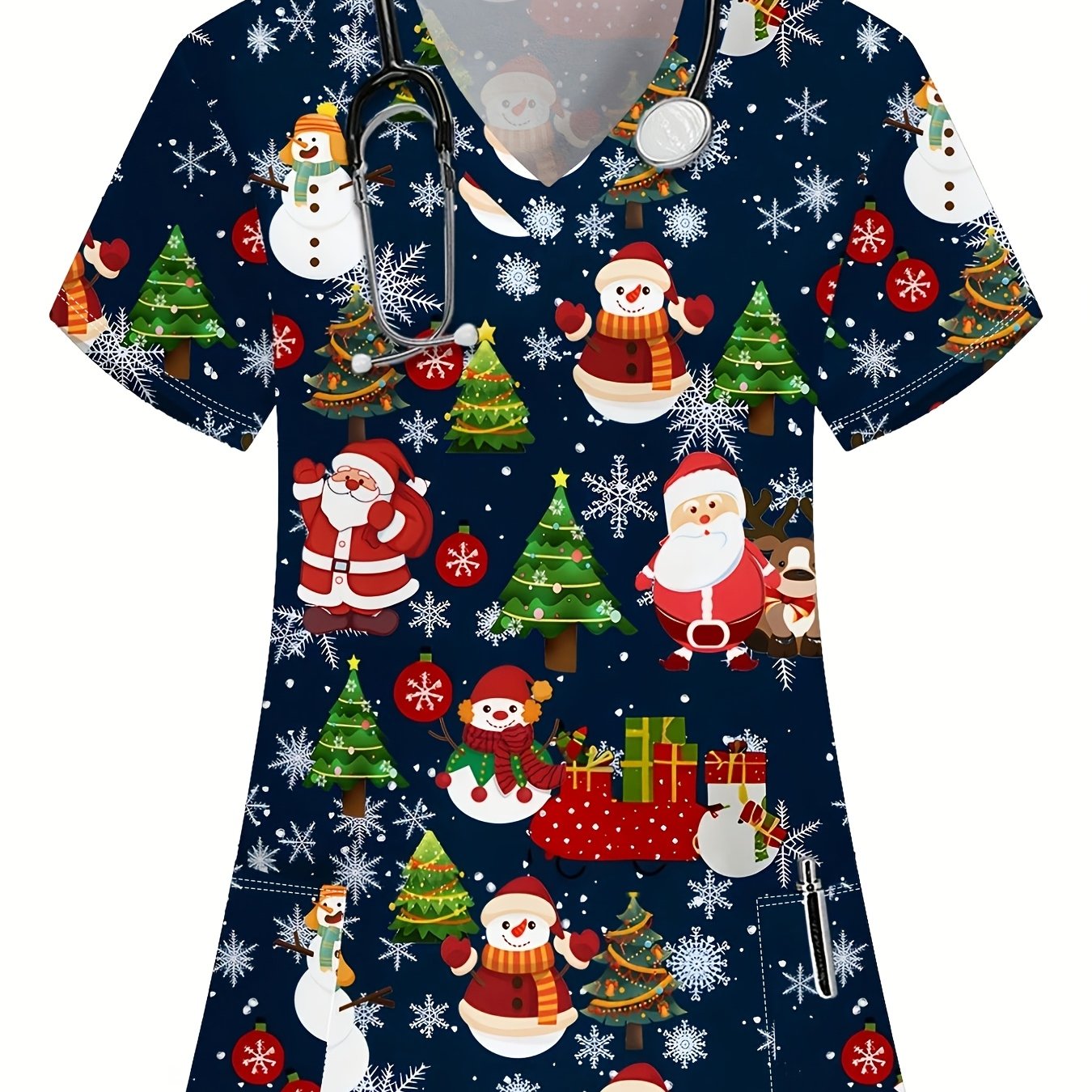 TEMU Camiseta de manga corta con cuello en V 2D, temática navideña con diseño de y bolsillo, tejido y elástico, ropa de trabajo de manga corta,