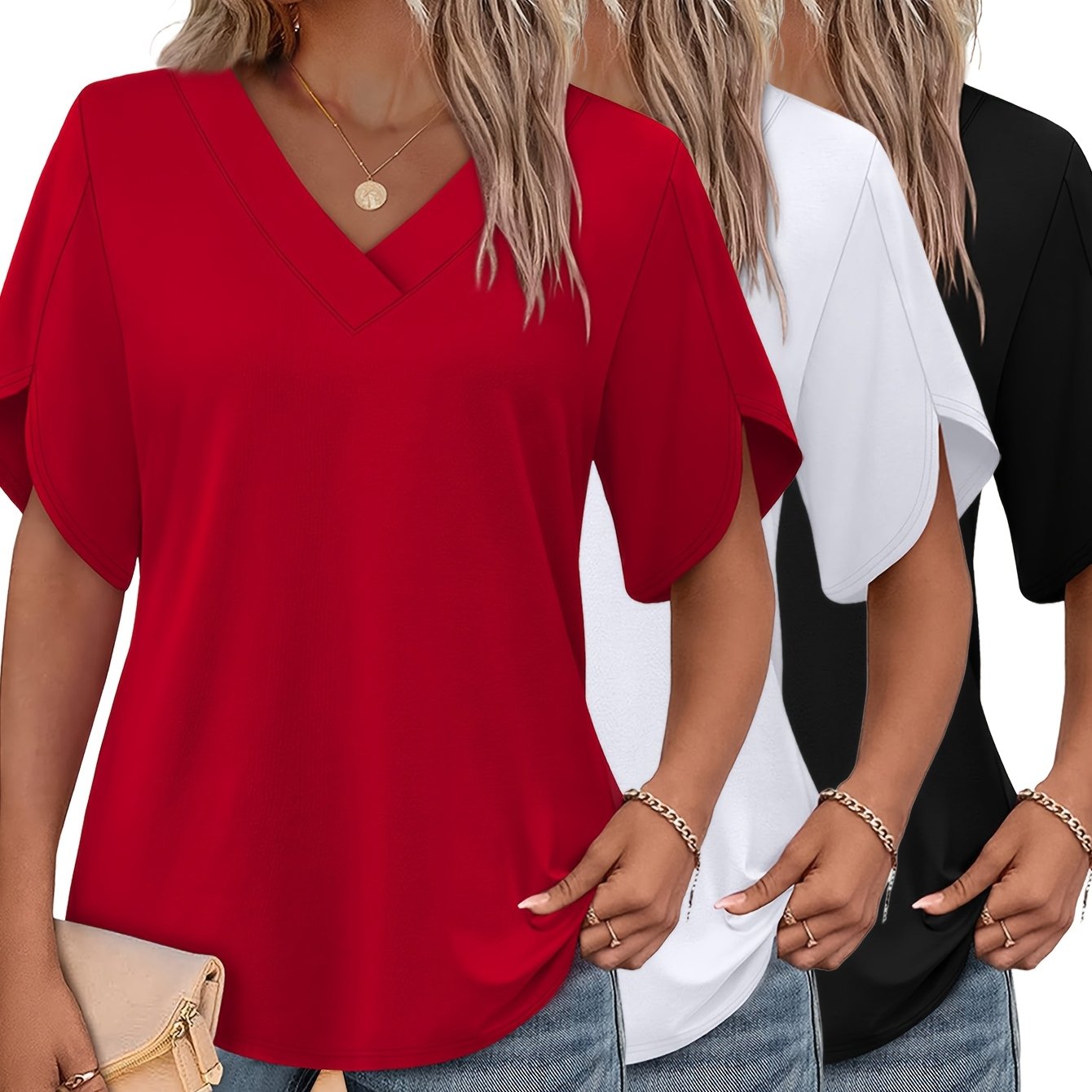 E-shop Dreiteiliges Damen-Casual V-Ausschnitt Elegantes Lockeres Basic Shirt Bequem Atmungsaktiv Kurzarm T-Shirt