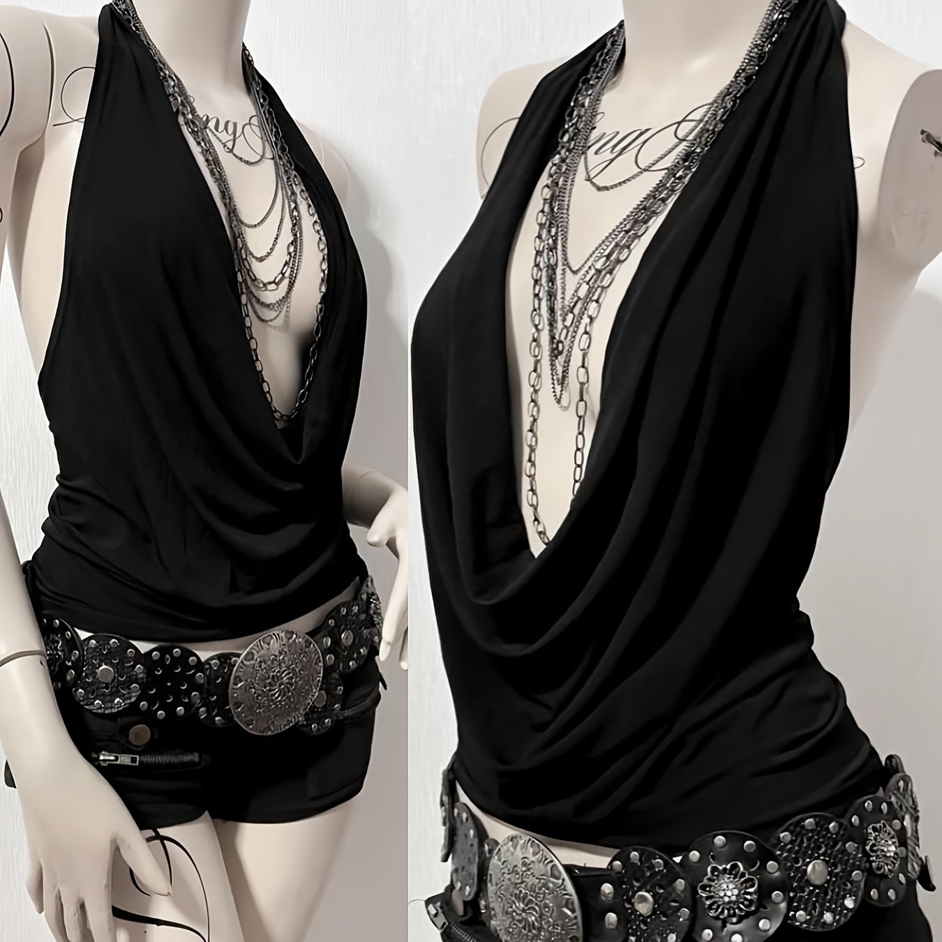 E-shop Y2K Harajuku Gothic Style Damen Crop Top mit Bindekragen, Slim-Fit Mode, Rückenfreies Design, Uni-Farbenes Kurzarm-Shirt, Streetwear, Niannian