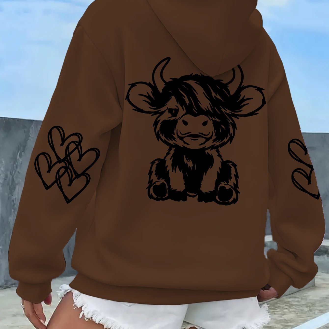 TEMU Women's Cozy Hoodie Featuring Highland Cow Prints And Claw - Soft Long-sleeve Pullover, Brown Casual Wear For Everyday
