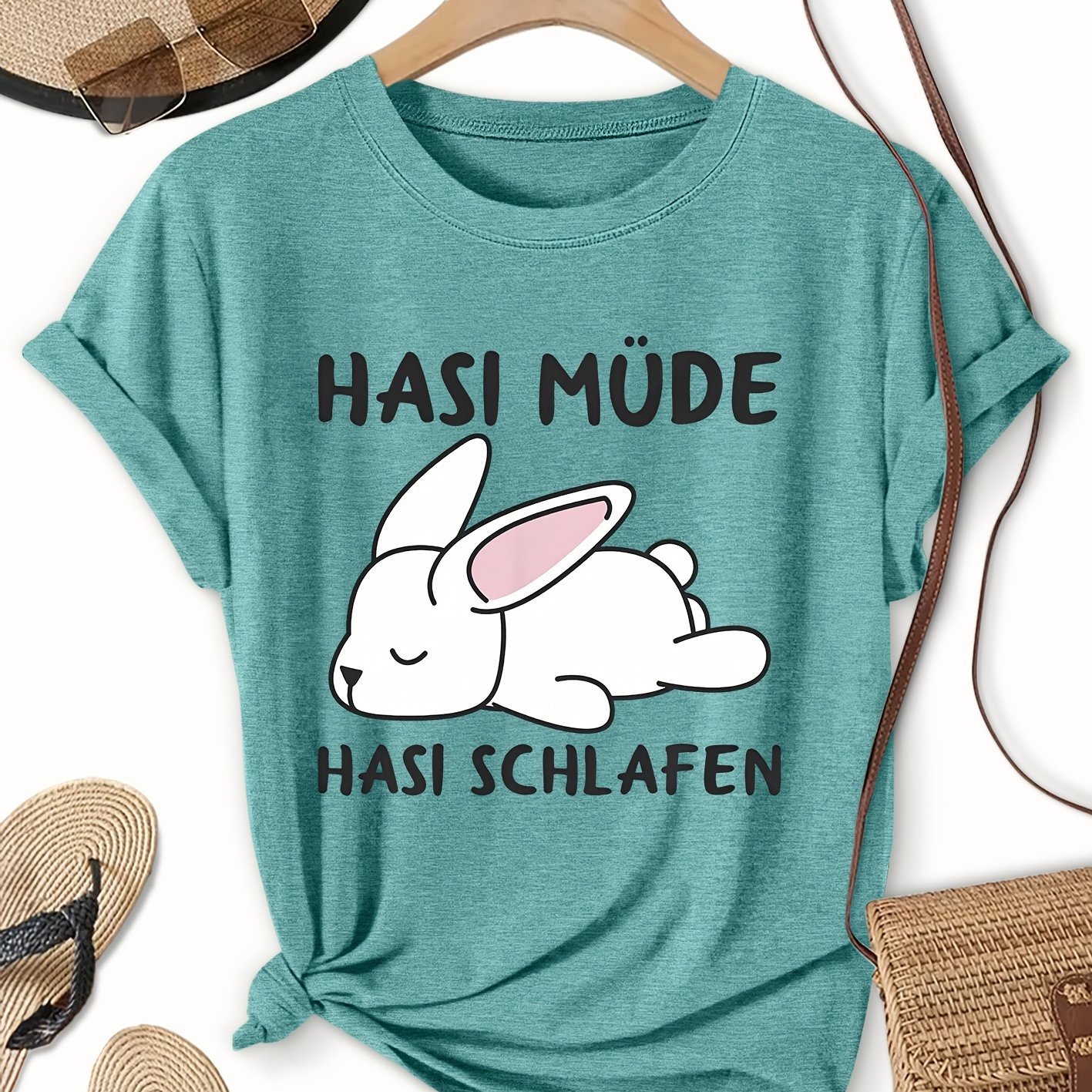 Image of Women's Cute "hasi Müde" Short-sleeve T-shirt - Round Neck Blouse, Spring Summer Fall Casual Wear, Cozy Rabbit Print Top For Everyday Outfits & Lounging, Machine Washable Non- Tee
