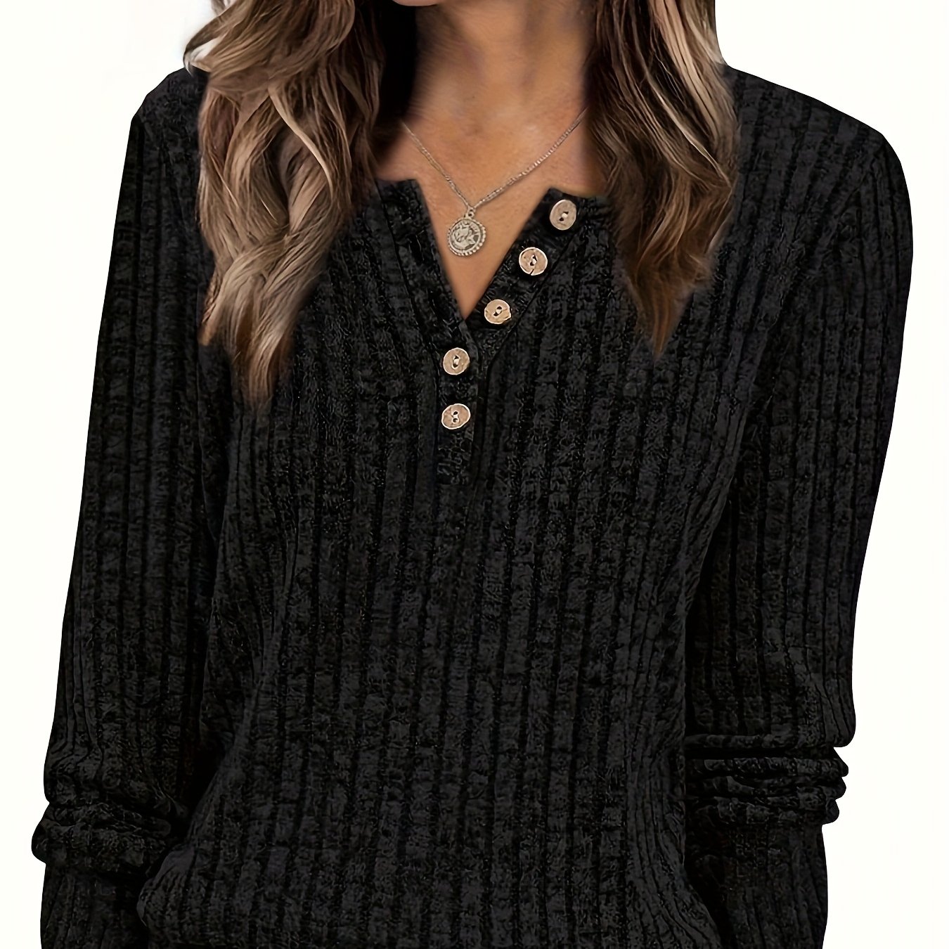 Women's Casual Elegant Round Neck Button Ribbed Long Sleeve T-shirt