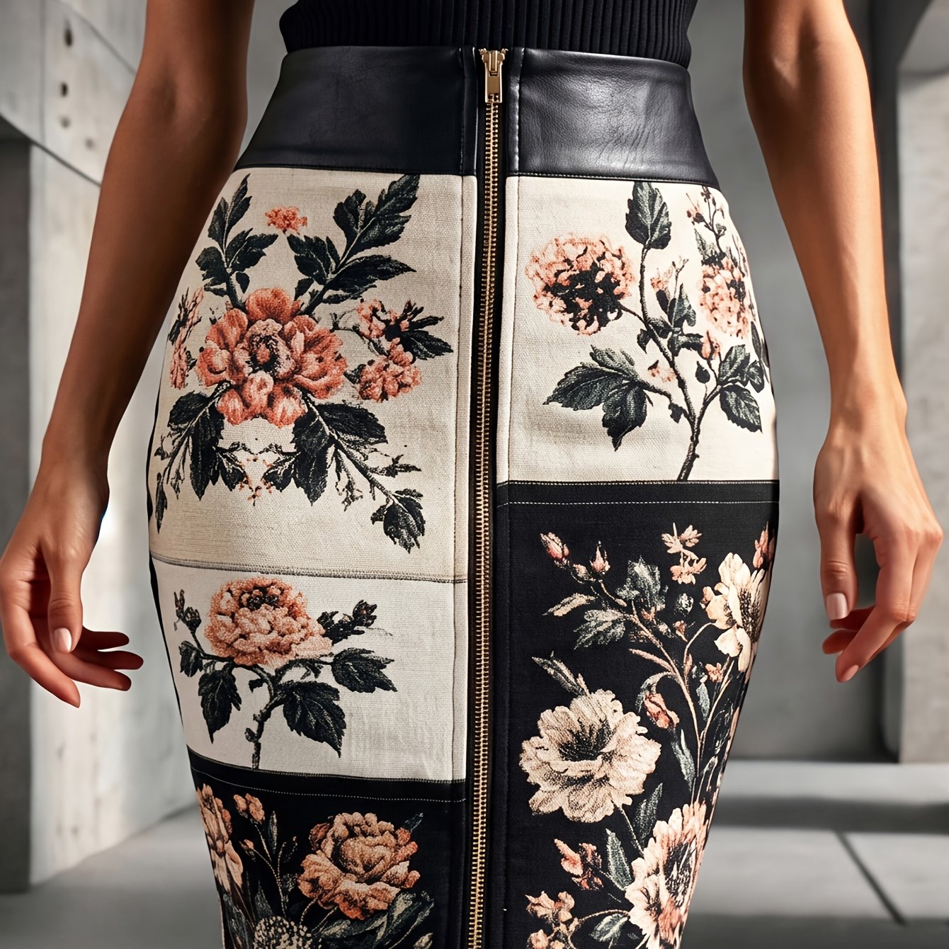 TEMU Women's High-waist Pu Bodycon Skirt, Vintage Floral Color- With Front Metal Zipper, Fit Skirt, Suitable For Office Commuting, Dates, Casual