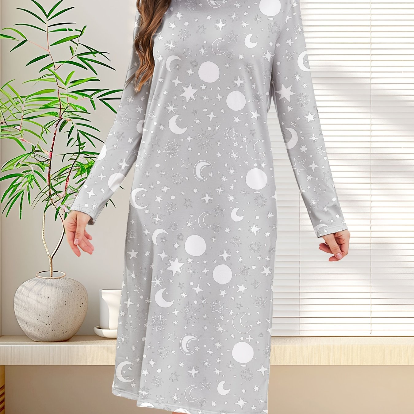 Women' And Stars Print Nightgown - & Moon Nightdress, Soft Round Neck Long Sleeve Robe Suitable For - Wear, Machine Washable Sleepwear For S (women)