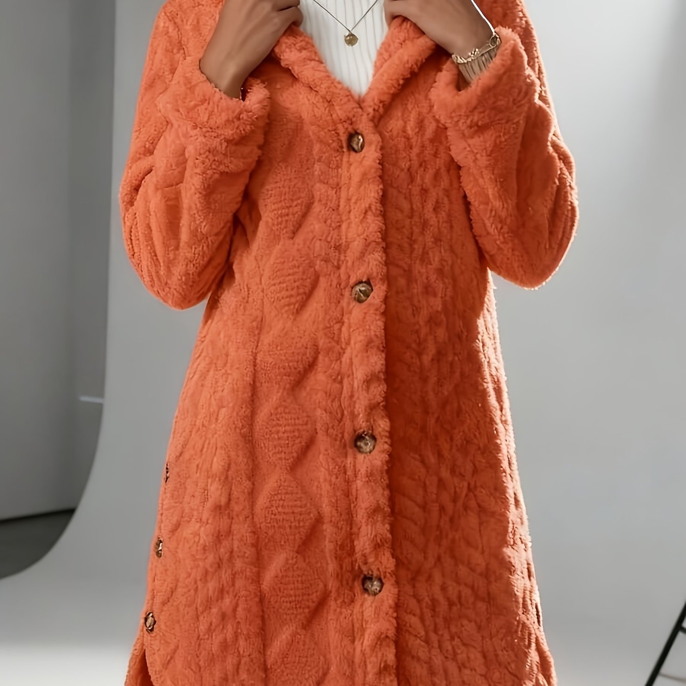 TEMU Hooded Fuzzy Coat Mid-length Jacket With Buttons Soft Warm Winter Fall Outfits 5 Colors