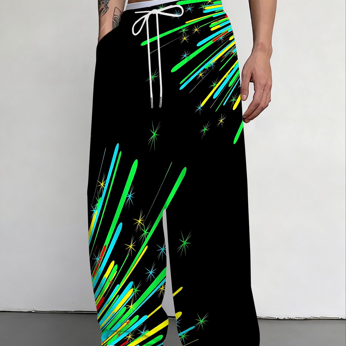 TEMU Fashion Men's Fluorescent Striped Star Gradient Pants | Loose Straight-leg Cut, , Slightly Stretchy Fabric, Print