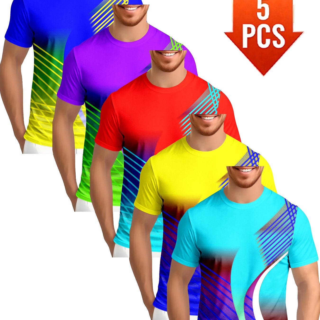 TEMU 5pcs Men's Gradient Color Block T-shirts 5pcs Summer Breathable Short Sleeve Tops Sports Casual Set, Plus Size