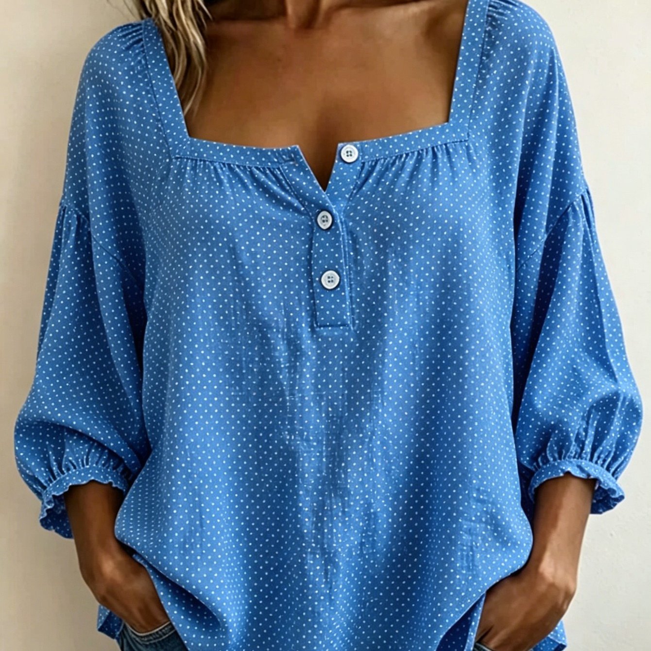 Image of Plus Size, New Arrival Womens Square Neck T Shirt Outdoor Street Royal Base White Polka All Top Fashion Versatile Design Sense Print Blouse