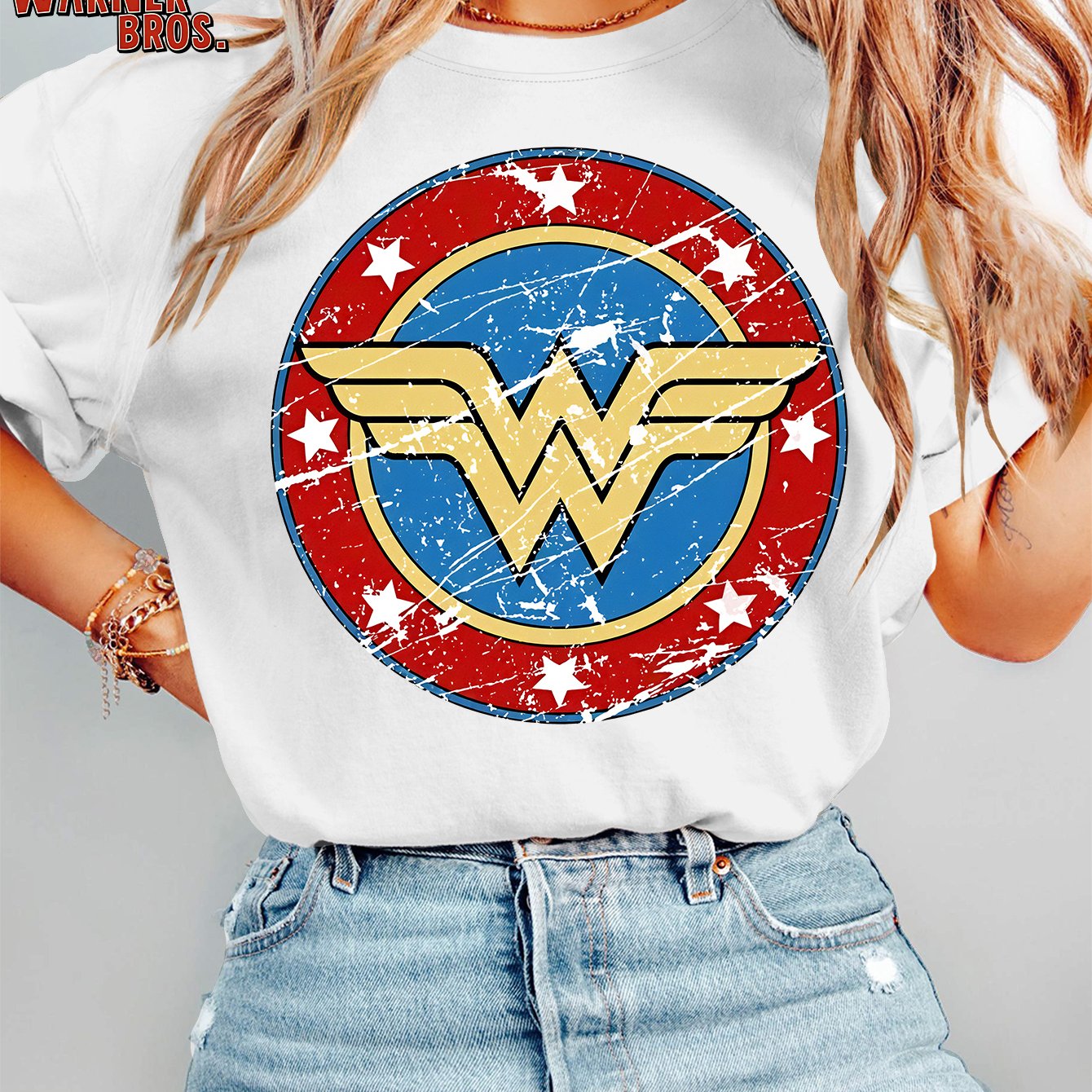 TEMU Women's Summer T-shirt, Wonder Woman Distressed Badge Retro Style Nostalgic Style Round Neck Short Sleeve Plus Size T-shirt 90s Classic Movie