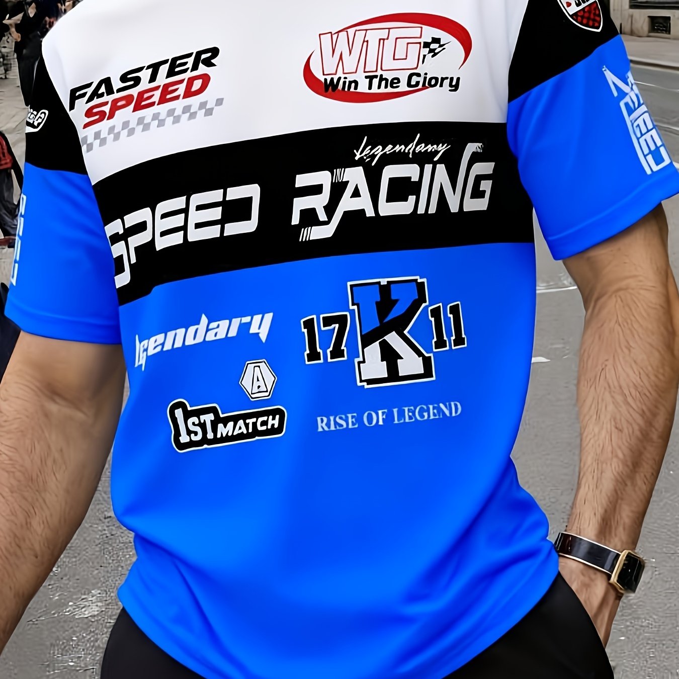 TEMU Camiseta Casual de Manga Corta para Adolescentes - Estampado Geométrico de Inspiración Deportiva, Bloques de Color y Negro, Corte Holgado con