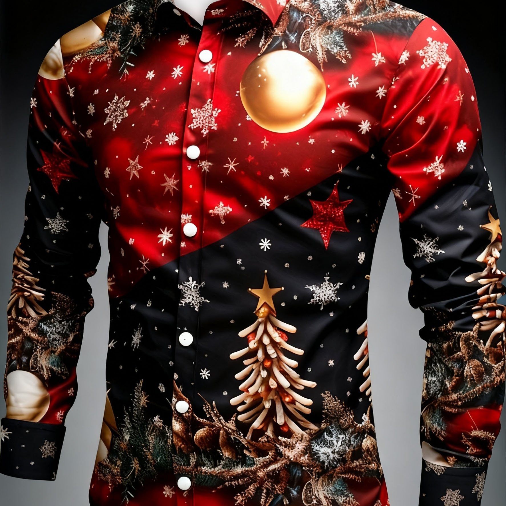 Christmas Style Christmas Tree Print Men's Casual Comfortable Long-sleeved Shirt
