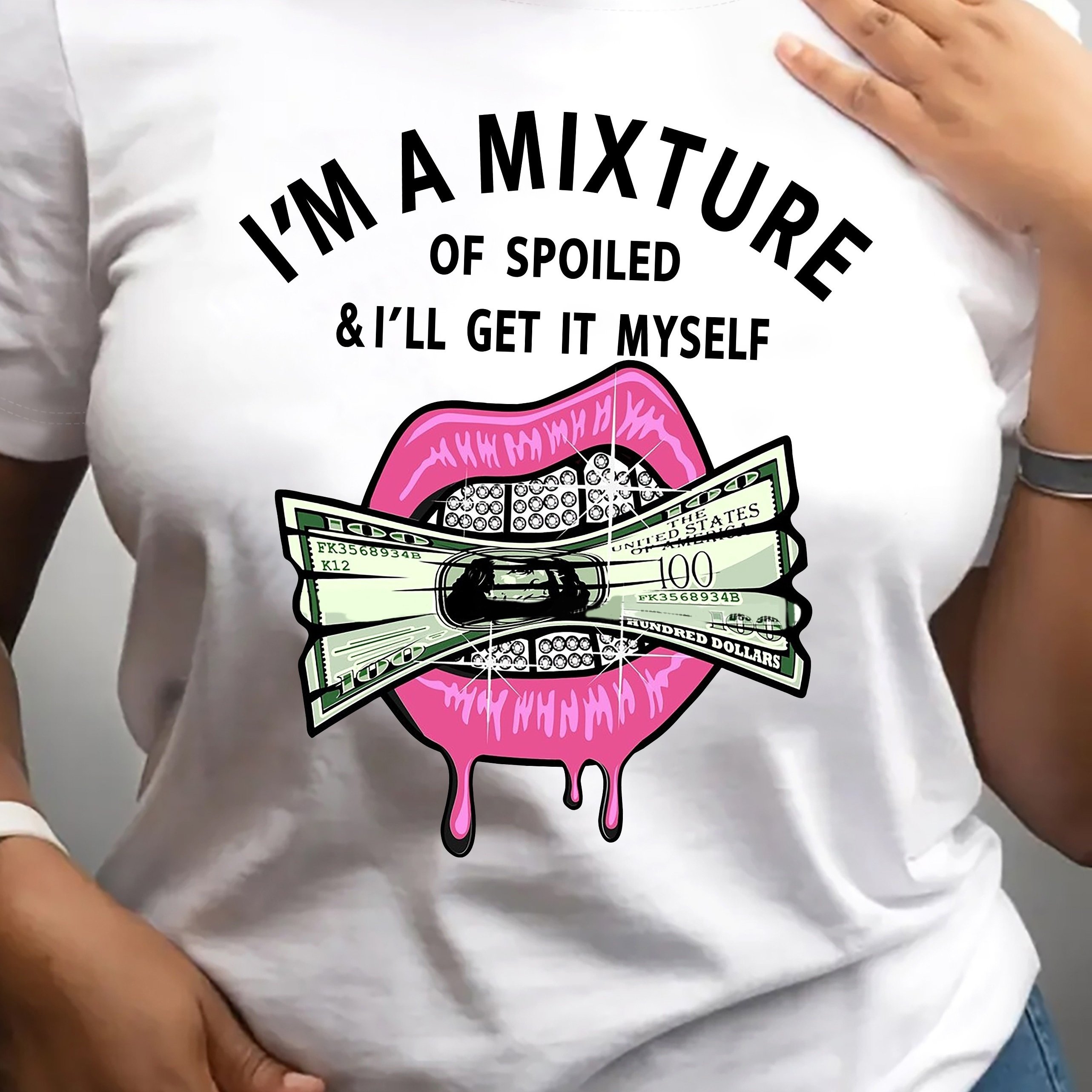 TEMU Plus Sizemoney & Lips Printed Round Neck T-shirt, Spring/summer Casual Short-sleeved Top, Women's Clothing