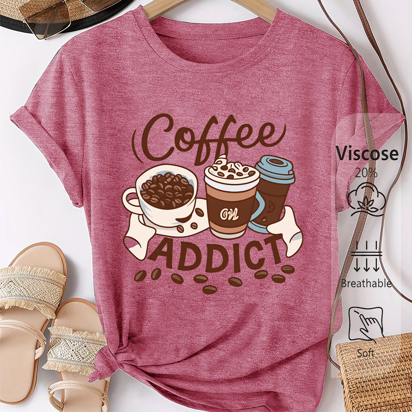TEMU Women's Elegant Short Sleeve Coffee Mug Print Round Neck Comfortable Soft Breathable New Style Fashion Easy Retro Versatile Casual Spring Summer