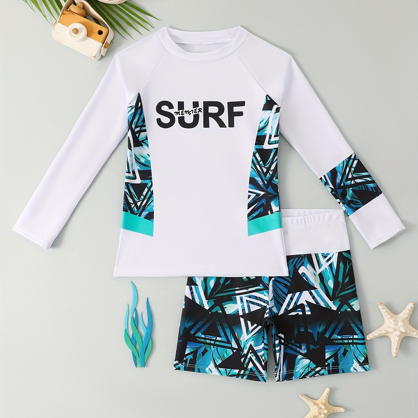 TEMU Youth Fashion Swimwear Set, Long Sleeve Shorts Casual Vacation Swimwear, Surfing Gift
