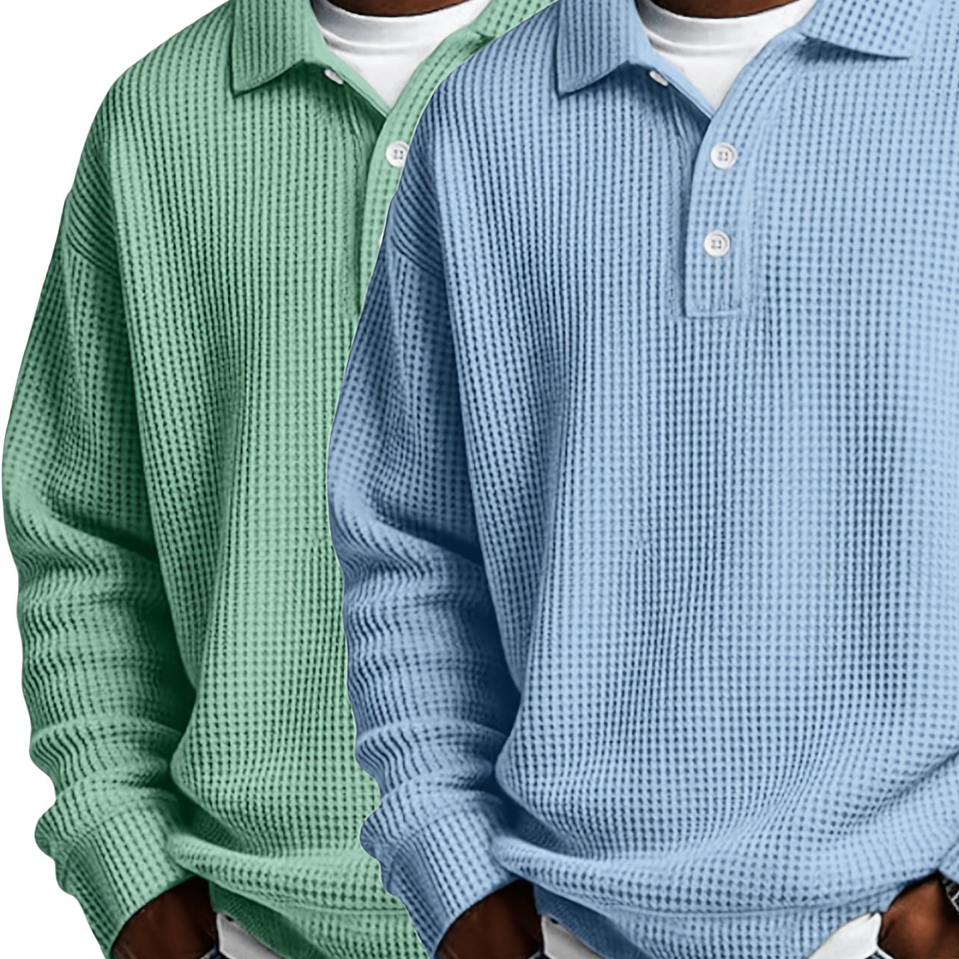 Image of 2pcs Men's Waffle Sweatshirt, Casual Half-button Collar Pullover Top, Loose Long-sleeve Shirt For Fall Daily Wear