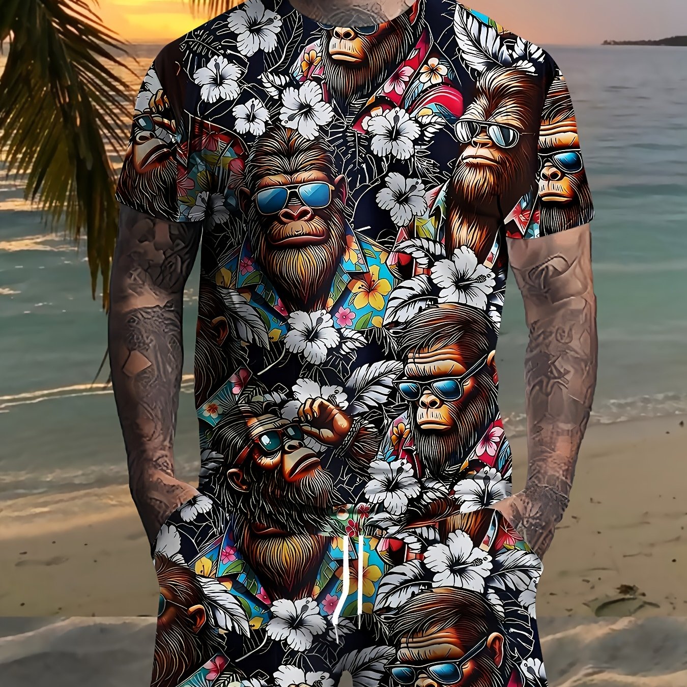 TEMU Mr. Gorilla Patterned T-shirt With Short Sleeves, A Two-piece Set Of Men's Shorts. Made From Lightweight And Breathable Material, Perfect For