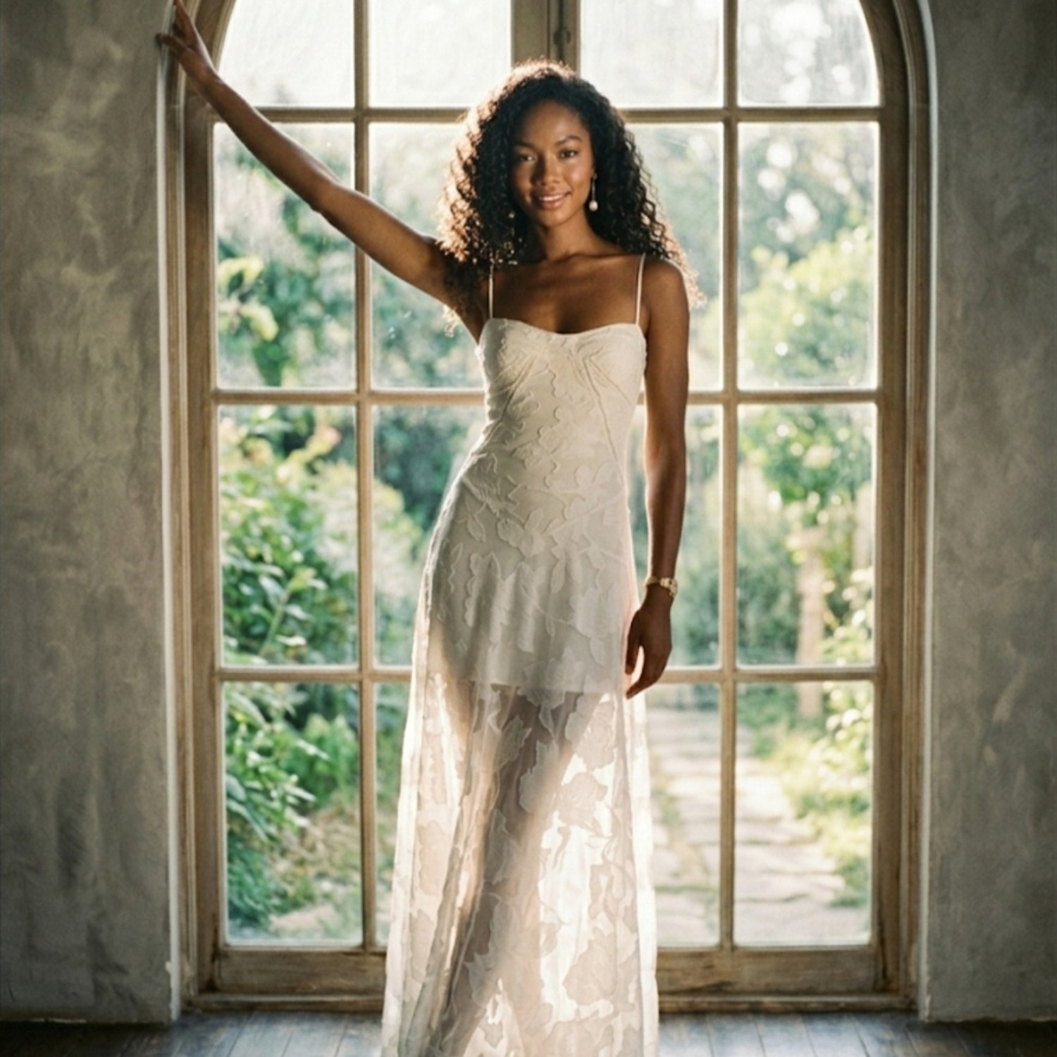 Image of French Vintage Aesthetic White Lace Long Dress, Elegant Floral Jacquard Slip Cami Dress, Minimalist Evening Party Wedding Guest Dress
