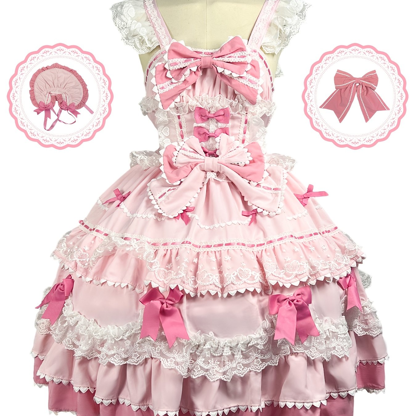 TEMU Sweet Lolita Style Jsk Dress Compatible For Cosplay Outfits - Pink Puffy Sleeveless A-line Dress With Layered Lace Ruffles & Heart-bow Trims,