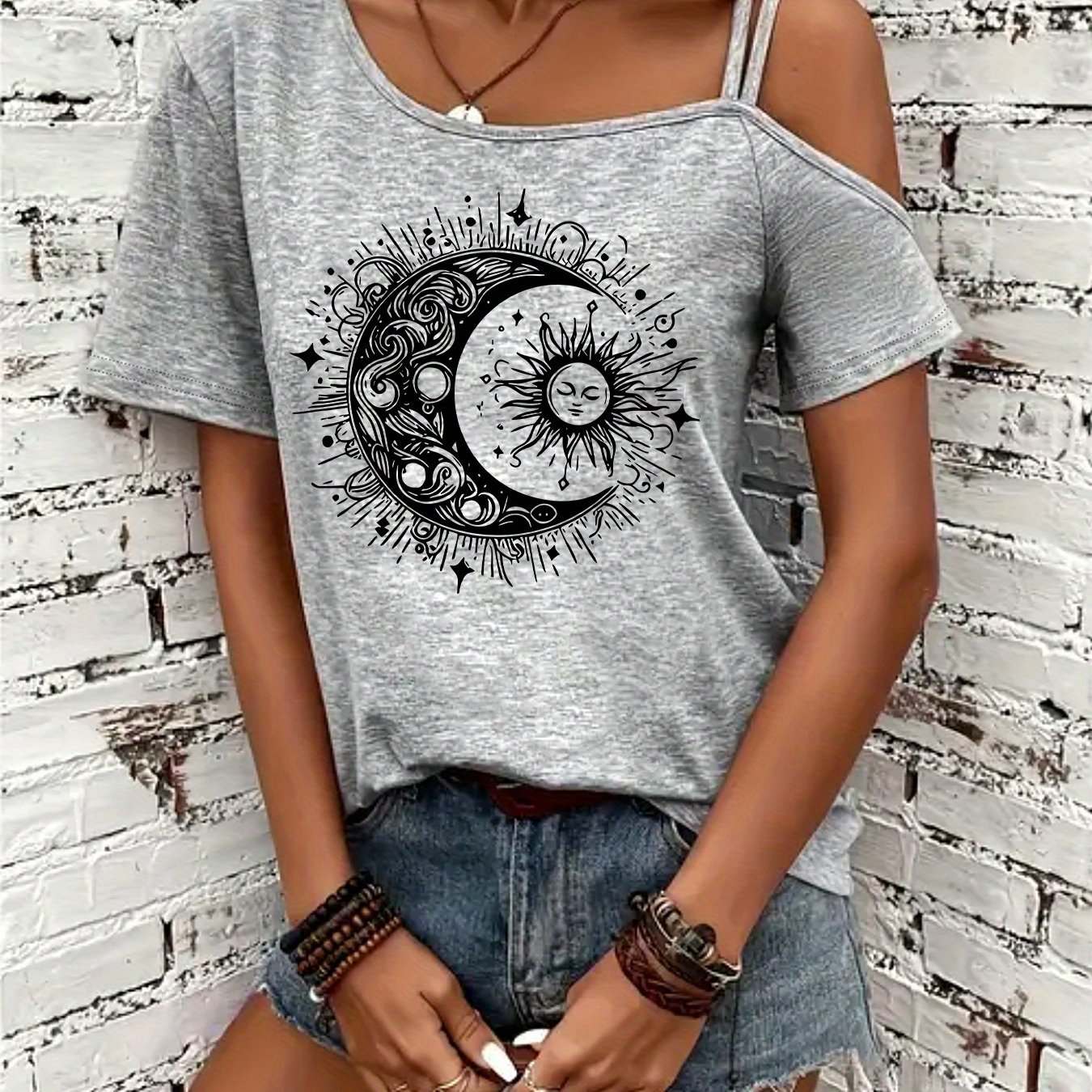 E-shop T-Shirt mit Grafikdruck, kurzärmeliges Freizeit-Top für Sommer & Frühling, Damenbekleidung
