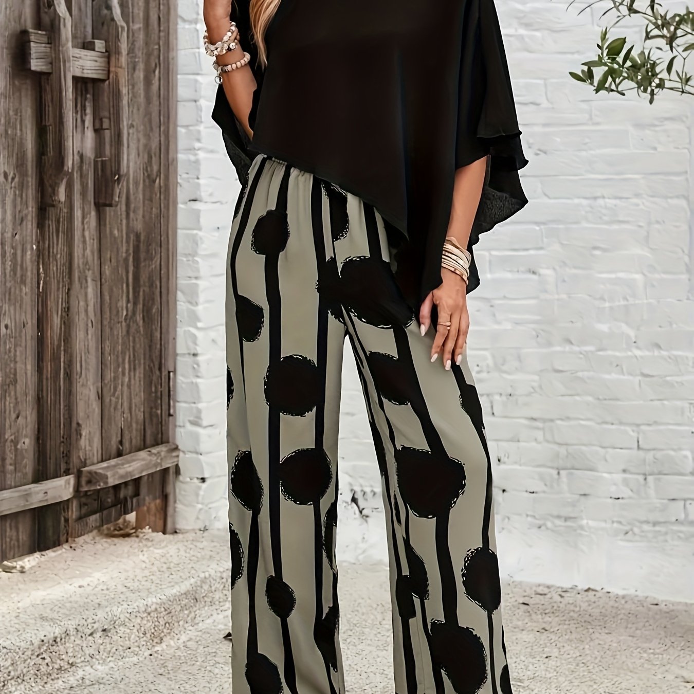 E-shop Elegantes Damen Freizeit Asymmetrisches Oberteil mit Saum und Bedruckte Hosen Set, Stretch, Rundhalsausschnitt, Geometrisches Muster,