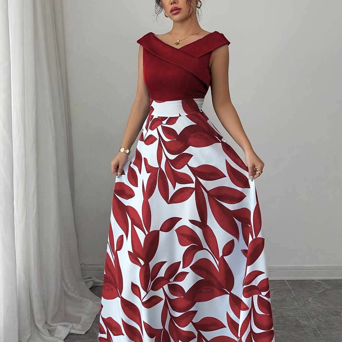TEMU Robe longue décontractée et pour femme à col en V, imprimée et en patchwork