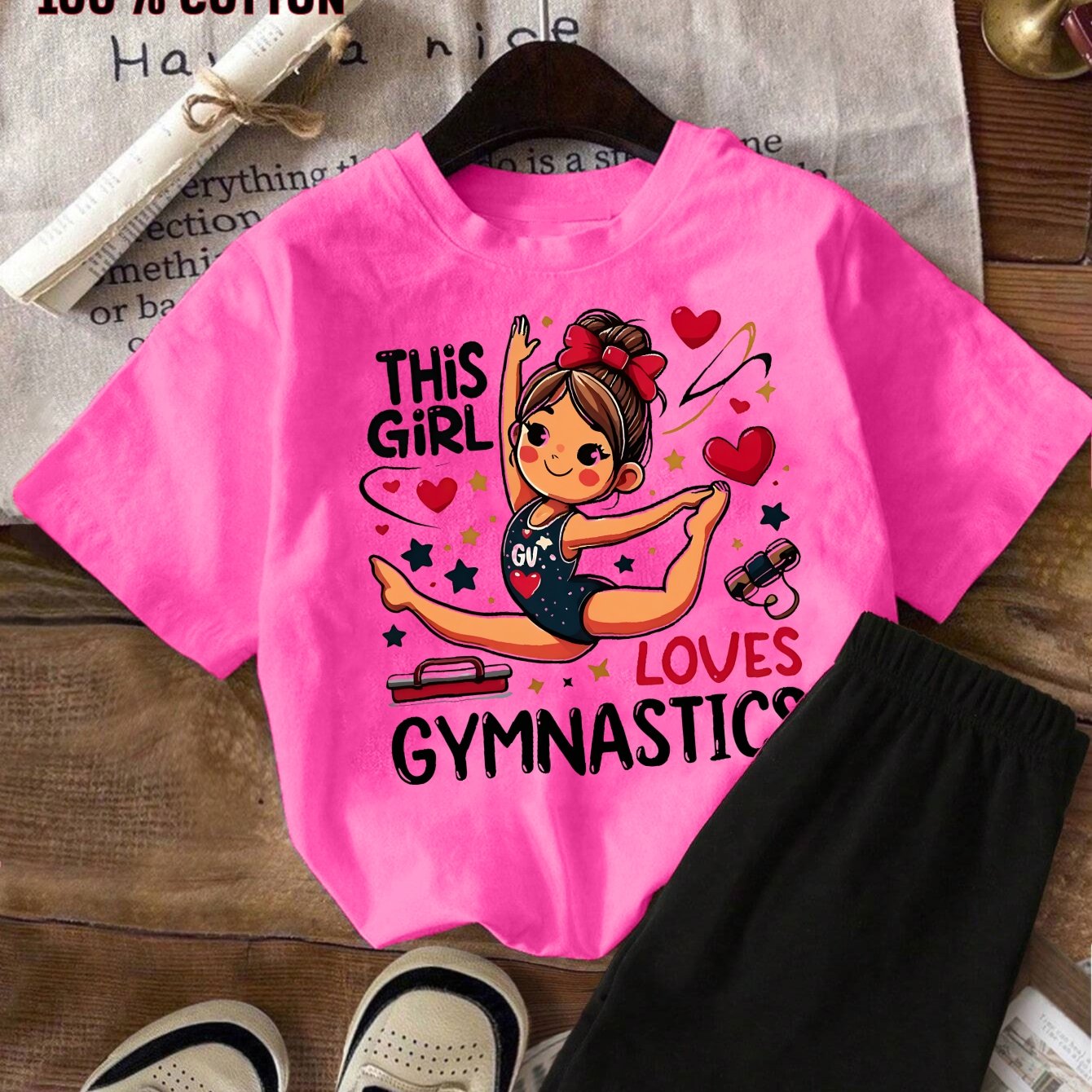 TEMU 2pcs Girls' 100% Cotton Gymnastics Outfit - Asymmetric Hem Shorts & T-shirt 2pcs Set, Round Neck Loose Wear With Lettering, Machine Washable For