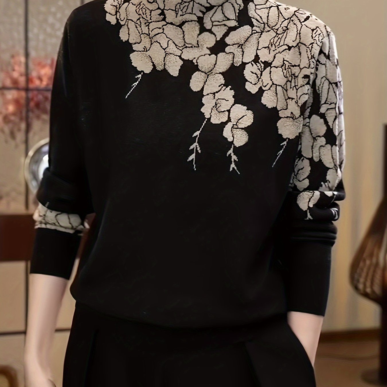 TEMU Floral Pattern Mock Neck Sweater, Casual Long Sleeve Sweater For Fall & Winter, Women's Clothing