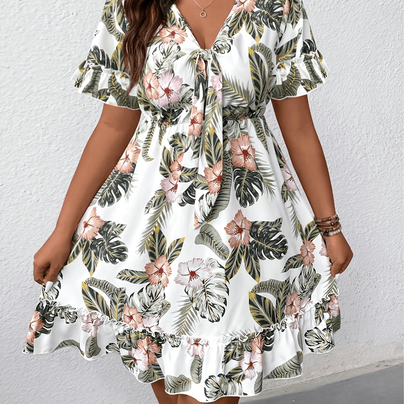 TEMU Women's Tropical Plant Print Tie-front Short Sleeve Casual Dress