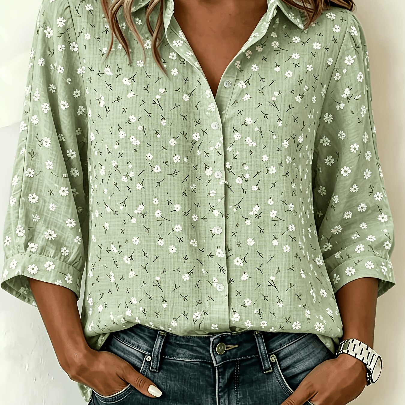 TEMU Spring/autumn Small Floral Print Elegant Vacation Women's Shirt With Mid-length Sleeves
